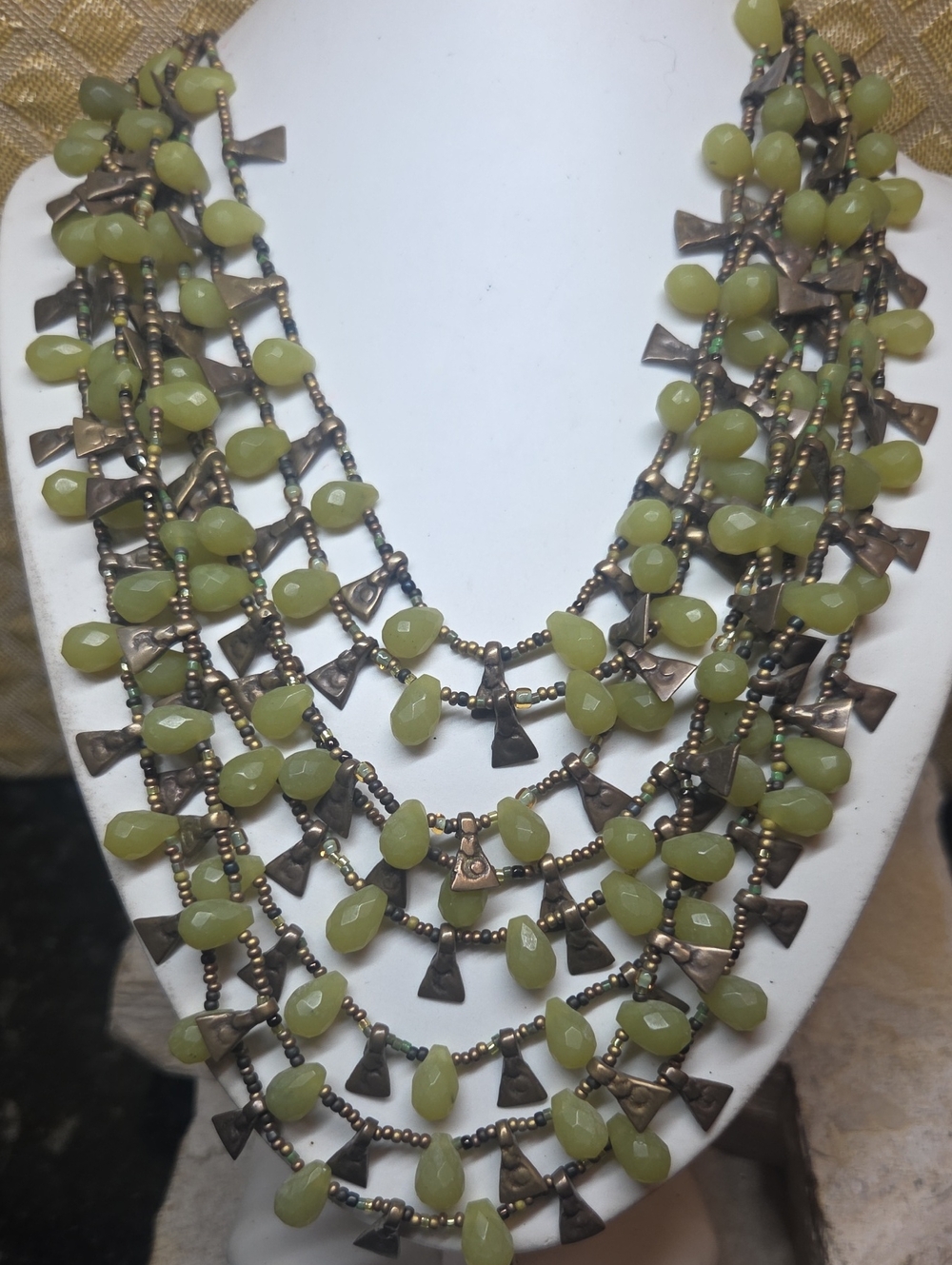 Vintage Multi-Strand Green Jade And Brass Beaded Statement Necklace